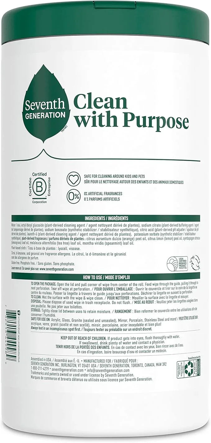 Seventh Generation Multi Surface Wipes All Purpose Cleaning Lemon Zest scent with 100% Essential Oils and Botanical Ingredients 70 count, Pack of 6 - NeatNest