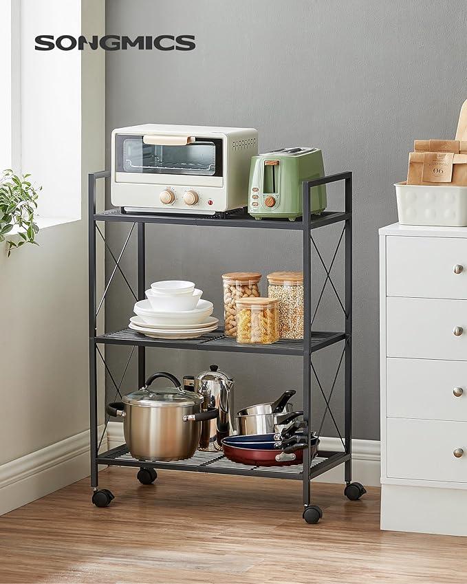 SONGMICS 3-Tier Metal Storage Rack with Wheels, Mesh Shelving Unit with X Side Frames, 23.6-Inch Width, for Entryway, Kitchen, Living Room, Bathroom, Industrial Style, Black UBSC163B01 - NeatNest