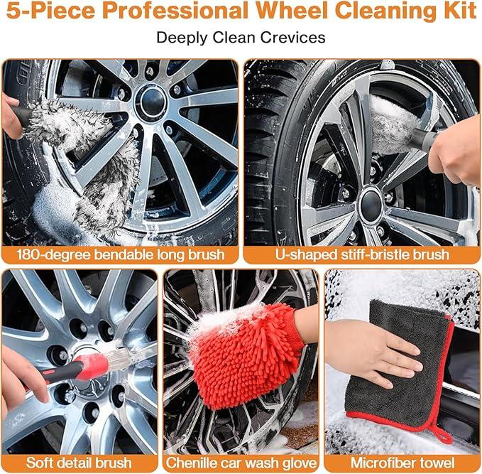 Preciva 5PCS Car Wheel & Tire Brush Kit -Car Cleaning Kit, Wheel Cleaner Brush, Soft-bristled Rim Brush, Car Drying Towel, Car Detailing Cleaning Wash Brush Supplies Kit for Interior Exterior Wheels - NeatNest