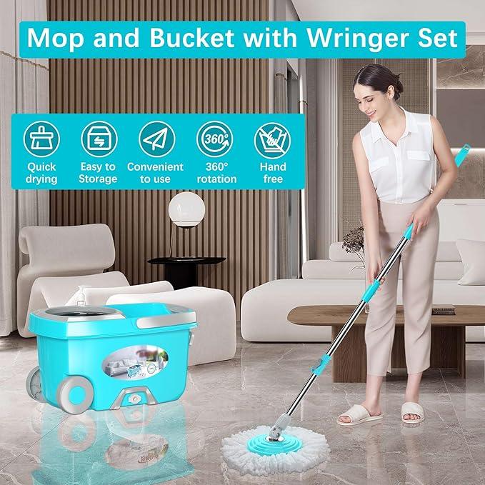 FunClean Spin Mop and Bucket,Mop and Bucket with Wringer Set for Home,360 Spinning Mopping Floor Cleaning Tool with 4 Microfiber Replacement Head Refills,61" Extended Handle, 2X Wheel - Blue - NeatNest