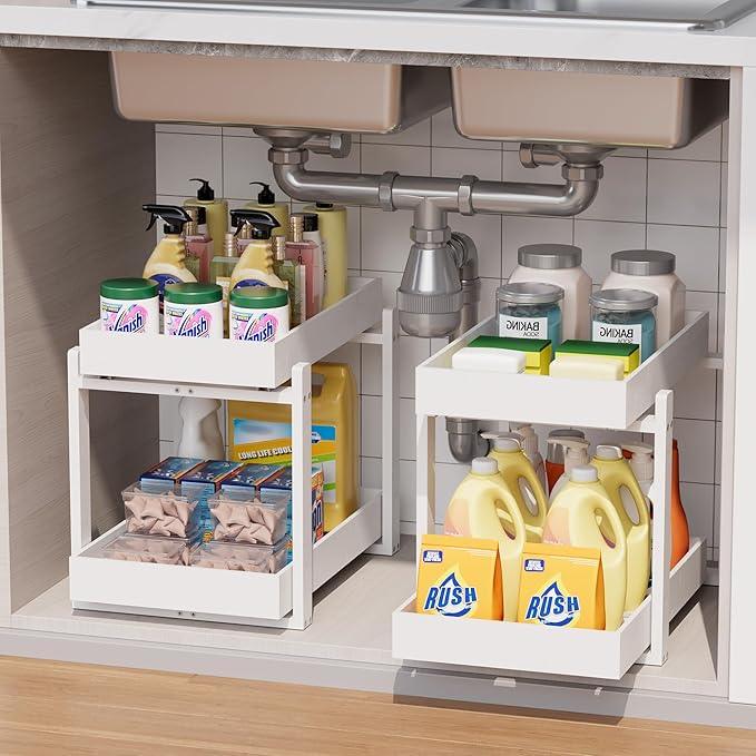 Bamboo Wood Under Sink Organizer 1 Pack, Pull Out Cabinet Organizer 2 Tier Under Sink Organizers and Storage with Sliding Drawer Sturdy Easy Assembly for Kitchen Bathroom Undersink (White, 1 Pack) - NeatNest