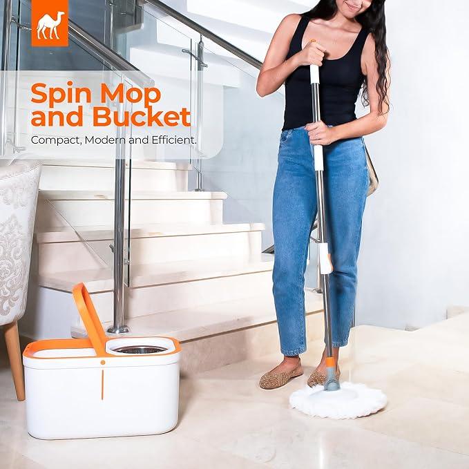 Spin Mop and Bucket Set Cleaning System Wringer 360 Microfiber Mop with Stainless Steel Handle Self Wringing Bucket for Tile Hardwood Laminate Floors Includes 2 Mop Head Refills - NeatNest
