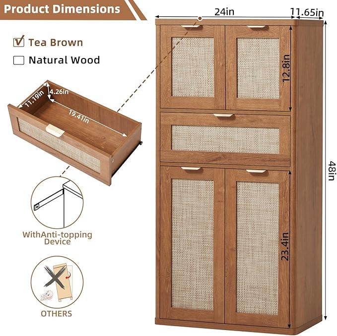 LEYAOYAO 48" Tall Storage Cabinet,Rattan Bathroom Floor Cabinets with 4 Doors & 1Drawer,Boho Kitchen Pantry with Adjustable Shelves,Wooden Cupboard for Living Room,Home Office,Dining,Brown - NeatNest