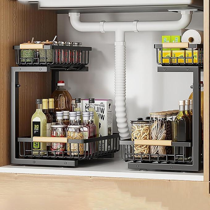 2 Pack 2 Tiers Pull Out Under Sink Organizers, Metal Kitchen Storage Shelf, Pull Out Under Sink Storage Rack, Multi-purpose Under Sink Shelf Organizer for Under Sink Cabinet Bathroom Kitchen (Black) - NeatNest