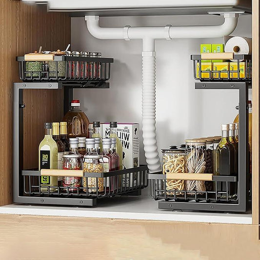 2 Pack 2 Tiers Pull Out Under Sink Organizers, Metal Kitchen Storage Shelf, Pull Out Under Sink Storage Rack, Multi-purpose Under Sink Shelf Organizer for Under Sink Cabinet Bathroom Kitchen (Black) - NeatNest