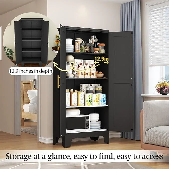 Black Metal Storage Cabinet, 61" Steel Cabinets for Home Office, Kitchen Pantry Storage Cabinet with Doors and 3 Adjustable Shelves, Metal Tool Cabinet, for Office, Home, Garage, School - NeatNest