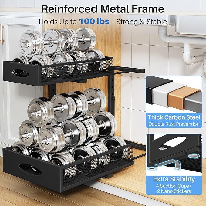 Under Sink Organizer, 2 Pack 2 Tier Pull Out Under Cabinet Organizer Shelf with Pad for Framed Cabinets, Metal Slide Out Under Sink Storage, Mesh Sliding Drawers for Kitchen Bathroom Laundry, Black - NeatNest
