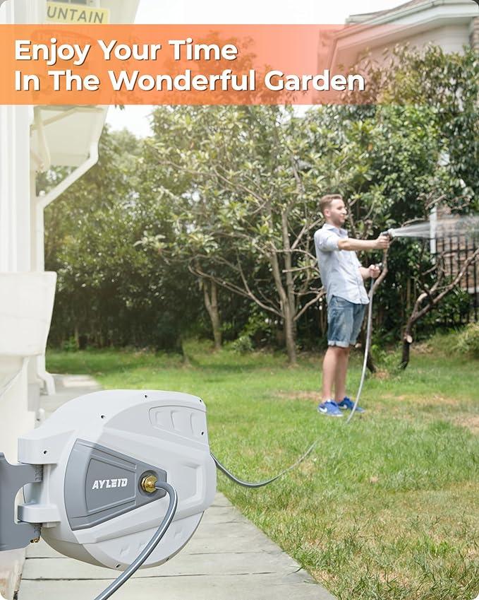 Ayleid Retractable Garden Hose Reel,5/8 in x 100 FT Wall Mounted Hose Reel, with 9- Function Sprayer Nozzle, Any Length Lock/Slow Return System/Wall Mounted/180°Swivel Bracket (Grey) - NeatNest