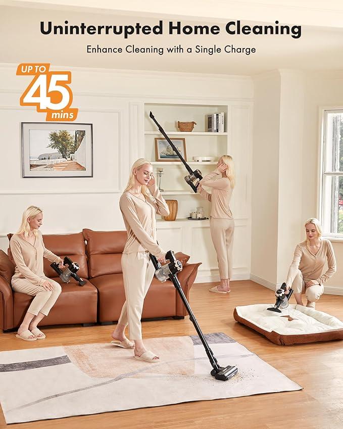 Trucozie Cordless Vacuum Cleaner, 8-in-1 Lightweight Stick Vacuum with 45mins Runtime, Powerful Suction, Vacuum Cleaners for Home, Hardwood Floors, Carpet, Pet Hair, Black - NeatNest