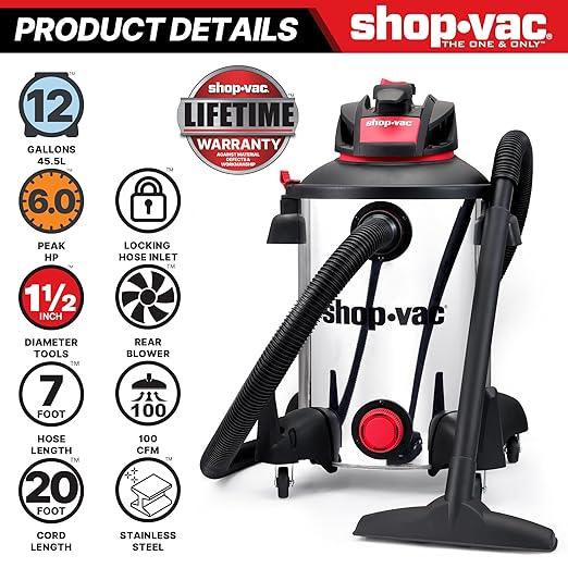 Shop-Vac 5761311 12-Gallon Wet/Dry Shop Vacuum, 6 Peak HP, 1.5 Inch Diameter x 7 Foot Hose, 20 Foot Cord, Ideal for Home, Garage, and Workshop Cleaning - NeatNest