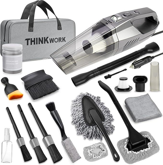 THINKWORK Car Cleaning Kit, Car Vacuum Kit, Gray Car Interior Detailing Kit with 8000PA High Power Vacuum, Including 7Pcs Detailing Brush Set and Bag - NeatNest
