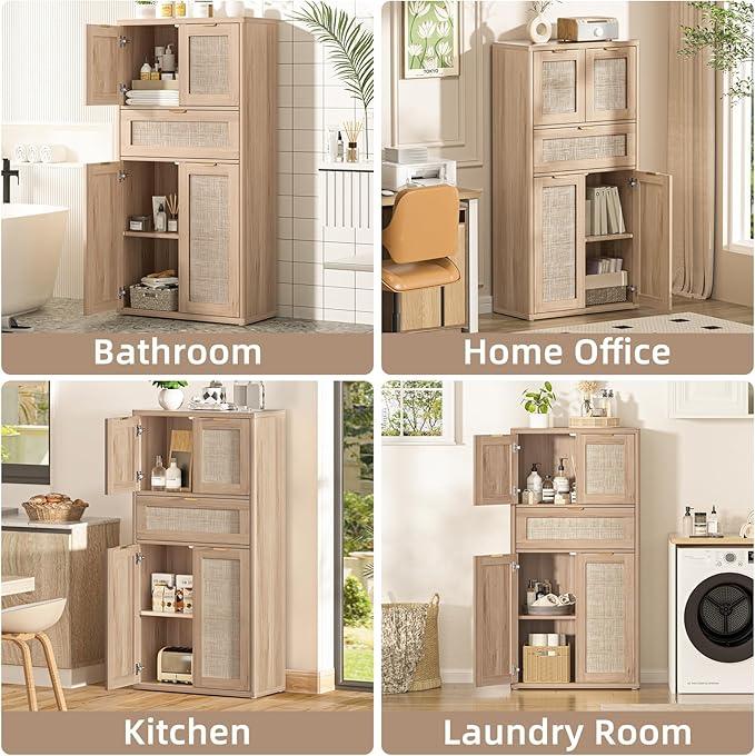 LEYAOYAO 48" Tall Storage Cabinet Set of 2,Rattan Bathroom Floor Cabinets with 4 Doors & 1Drawer,Boho Kitchen Pantry with Adjustable Shelves,Wooden Cupboard for Living Room,Home Office,Natural Wood - NeatNest