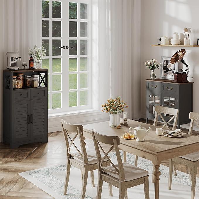 ChooChoo Farmhouse Storage Cabinet, Bathroom Floor Cabinet with Doors and Drawers, Kitchen Pantry Cabinet for Living Room, Laundry, Black - NeatNest