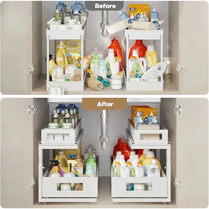2 Pack 21.3IN-Depth Under Sink Organizer With Next-Gen Ball-Bearing Slides,2-Tier Pull Out Cabinet Storage,Height Adjustable Drawer Shelf for Bathroom,Kitchen,Laundry,Cabinet,Pantry-White - NeatNest