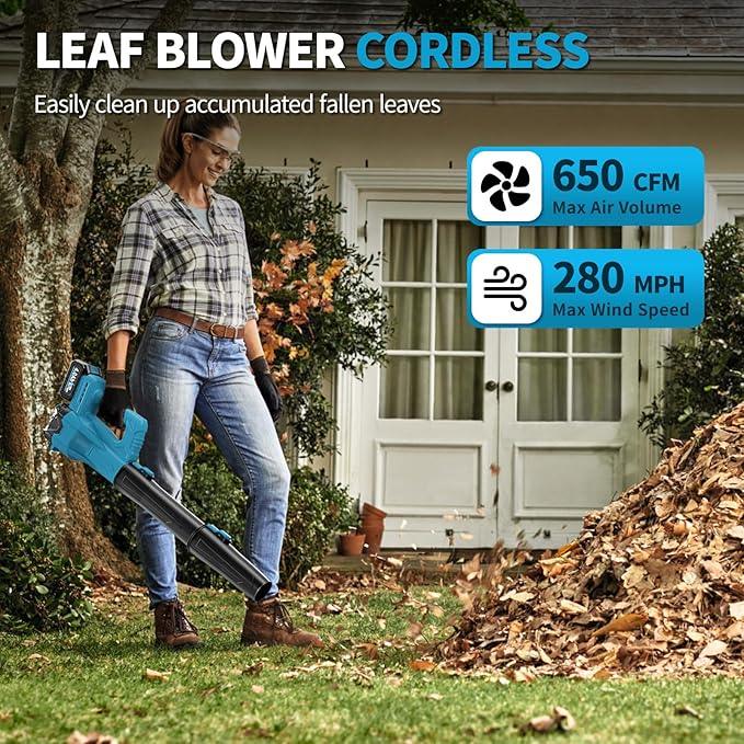 Leaf Blower Cordless, 21V Powerful Leaf Blower with 2 x 4.0Ah Battery & Fast Charger, Lightweight Electric Leaf Blowers for Lawn Care, Yard, Patio Cleaning, Blowing Leaves & Dust (Blue) - NeatNest