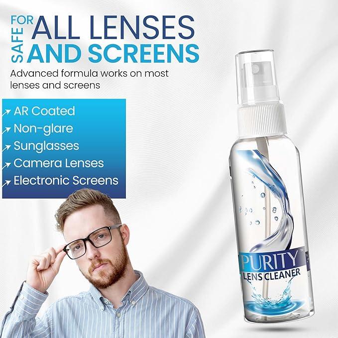 Purity Eyeglass Lens Cleaner Kit - 3 x 1oz Travel Size Lens Cleaner Spray Bottle + 2 Microfiber Cleaning Cloths - Safe for All Lenses (AR Coated Included), Eyeglasses and Screens - Clear - NeatNest