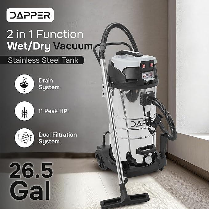 26.5 Gallon 11 Peak HP Wet/Dry Vacuum, Stainless Steel Tank, 2 in 1 Function Portable Shop Vacuum with Attachments, Built-in Drain Ideal for Jobsite, Garage & Workshop. - NeatNest