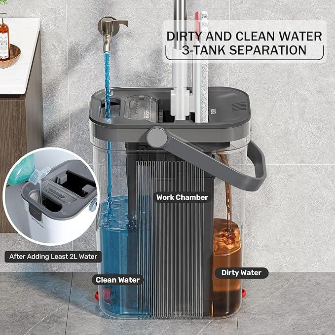 Mop and Bucket Set, Flat Mop and Bucket System with Separate Dirty and Clean Water, 3-Compartment Wall Cleaner Mop, Flat Mops for Floor Cleaning with 6 Microfiber Pads - NeatNest