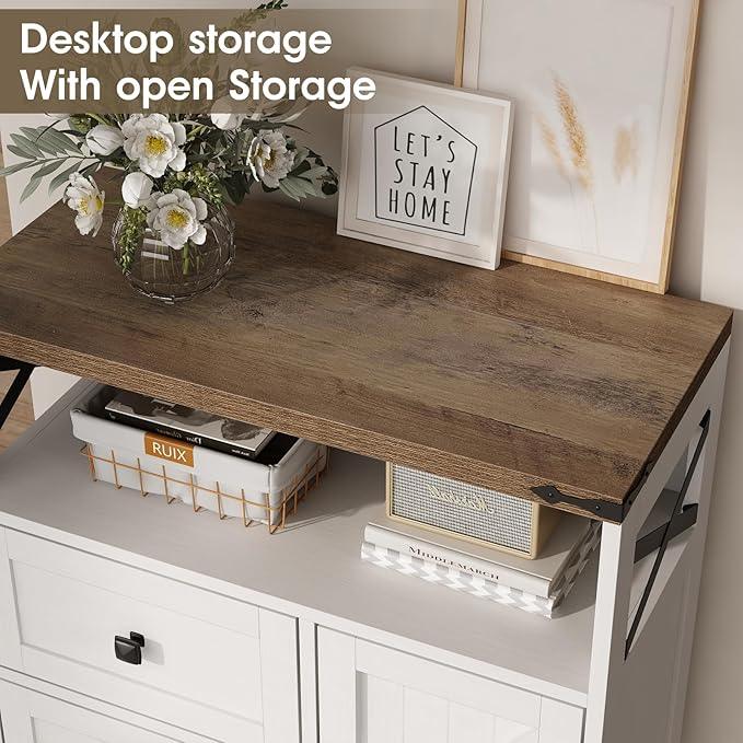 Fameill White Farmhouse Storage Cabinet with 2 Drawers & Shelves,Freestanding Kitchen Cabinet with Doors,Floor Storage Organization for Living Room,Bathroom,Laundry - NeatNest