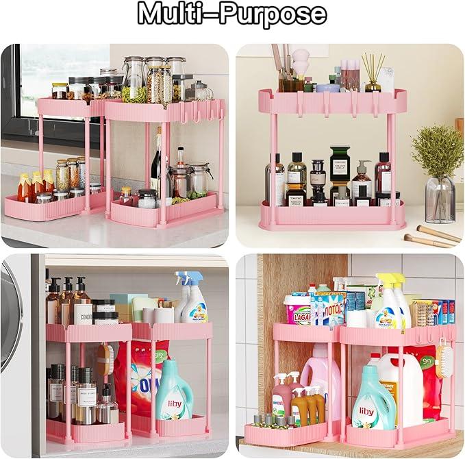 2 Pack Multi-Purpose Pull-Out Storage Organizers, Under Sink & Cabinet Organizers, 12.8 Inch Pink - NeatNest