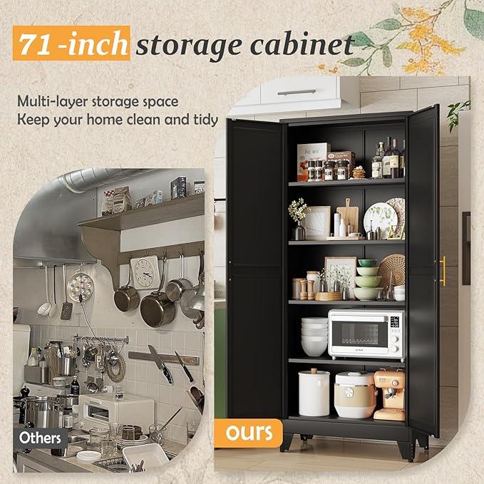 Black Pantry Storage Cabinet,71" Kitchen Pantry with Doors and 4 Adjustable Shelves, Metal Storage Cabinet, for Office, Home, Garage, School - NeatNest