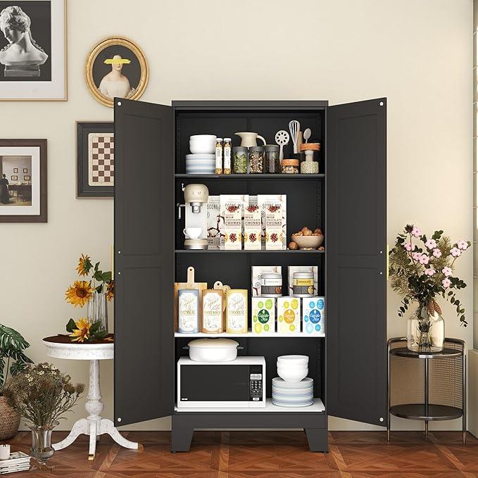 Black Metal Storage Cabinet, 61" Steel Cabinets for Home Office, Kitchen Pantry Storage Cabinet with Doors and 3 Adjustable Shelves, Metal Tool Cabinet, for Office, Home, Garage, School - NeatNest