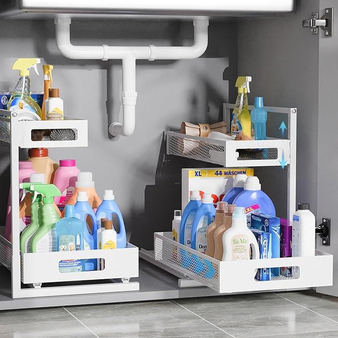 Full Metal Under Sink Organizer, Pull Out Cabinet Organizers and Storage, Silk-Smooth Sliding Drawer for Kitchen, Bathroom, Pantry, Cabinet, Closet (White, 2 Pack) - NeatNest