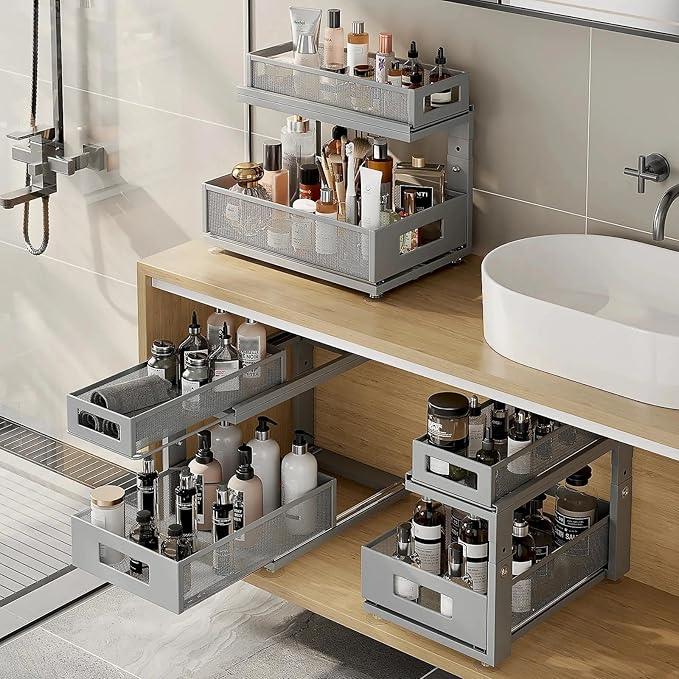 2 Pack 15.74IN-Depth Under Sink Organizer With Next-Gen Ball-Bearing Slides,2-Tier Pull Out Cabinet Storage,Height Adjustable Drawer Shelf for Bathroom,Kitchen,Laundry,Cabinet,Pantry-Gun Gray - NeatNest