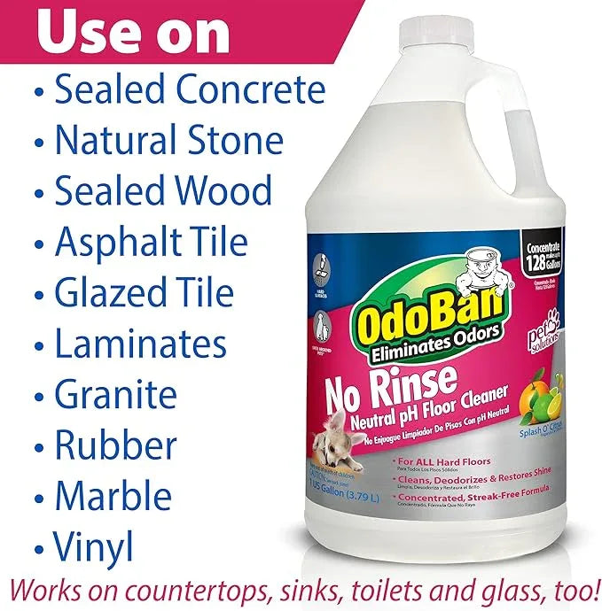 OdoBan Pet Solutions No Rinse Neutral pH Floor Cleaner Concentrate, Made in the USA, Splash O' Citrus Scent, 4 Gallons - NeatNest