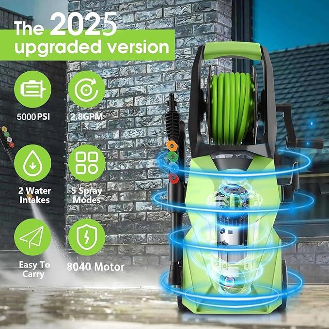 5000PSI Pressure Cleaner,Power Cleaner with Foam Cannon,4 Nozzles,33FT Hose and 500ml Soap Bottle for Home/Cars/Driveways/Patios/Fences,Green - NeatNest