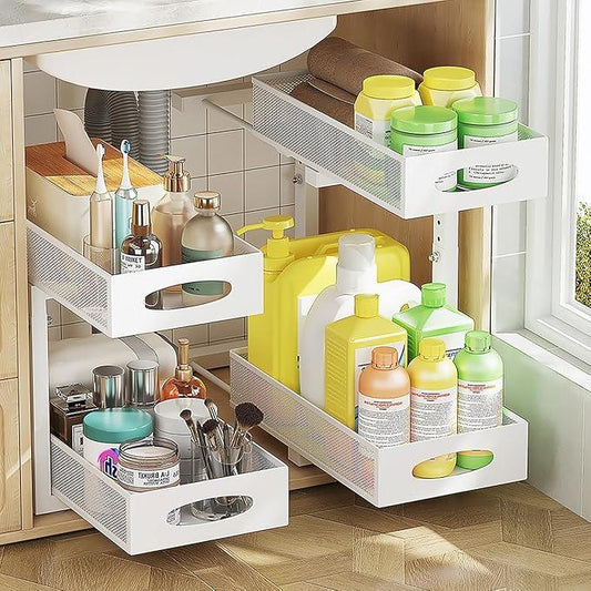 Under Sink Organizer, 2-Tier Pull Out Cabinet Organizer with Adjustable Height, Use in Kitchen Bathroom Cabinet and Countertop Storage, White, 2-Pack - NeatNest