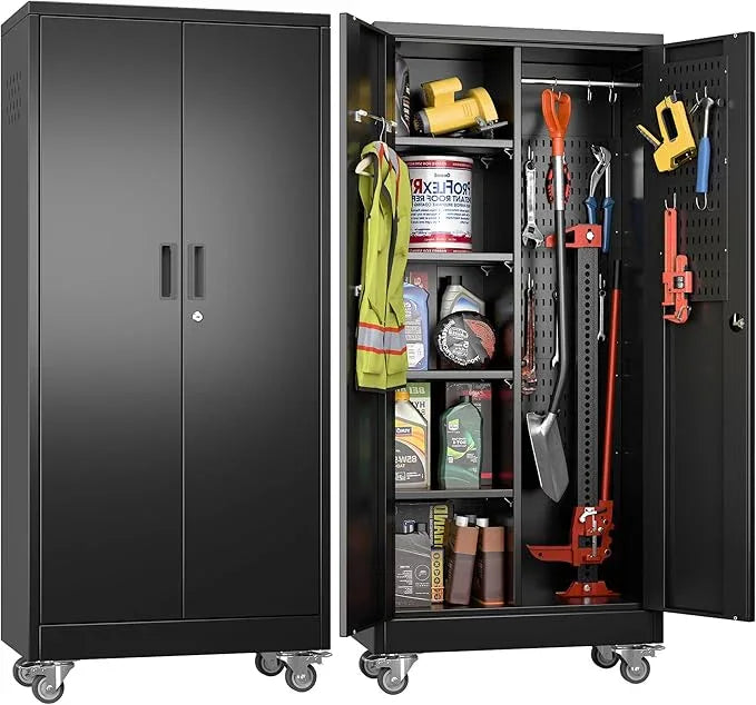 SUXXAN Broom Closet Storage Cabinet with Wheels 61.6"x 27.5"x11.7", Metal Cleaning Cabinets with Hooks and Hanging Rods, Lockable Cabinet with Pegboard, Adjustable Shelf,for Garage, Laundry Room - NeatNest
