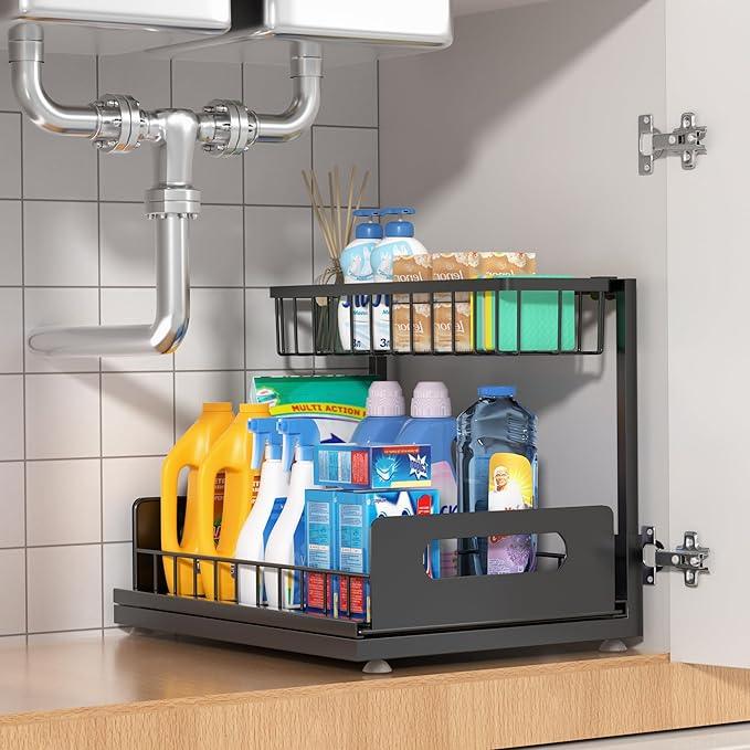 Under Sink Organizer, 2 Tier Pull Out Cabinet Organizer,Slide out Metal Cabinet Organizers Multi-Purpose Drawer Shelf for Kitchen Bathroom Pantry Cabinet Closet Organization Rack,Black - NeatNest