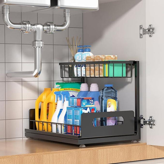 Under Sink Organizer, 2 Tier Pull Out Cabinet Organizer,Slide out Metal Cabinet Organizers Multi-Purpose Drawer Shelf for Kitchen Bathroom Pantry Cabinet Closet Organization Rack,Black - NeatNest