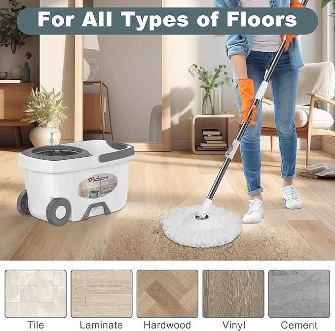 Mop and Bucket with Wringer Set,Spin Mop and Bucket System, Mops for Floor Cleaning,Household Supplies Tools with 6 Replacement Refills,61" Extended Handle for Household Hardwood Floor - White - NeatNest