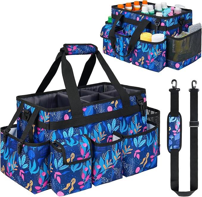 Cleaning Organizer, Large Caddy Bag for Supplies, Housekeeper's Bag with Handle (Blue Leaf) - NeatNest