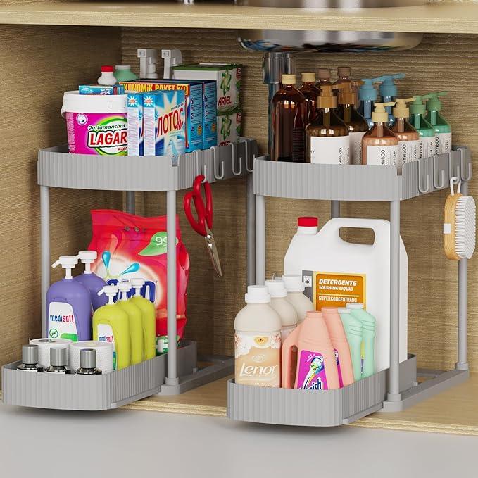 2 Pack Multi-Purpose Pull-Out Storage Organizers, Under Sink Organizers and Storage for Bathroom & Kitchen, Under Cabinet Organizers and storage, 14.8 Inch, Grey - NeatNest