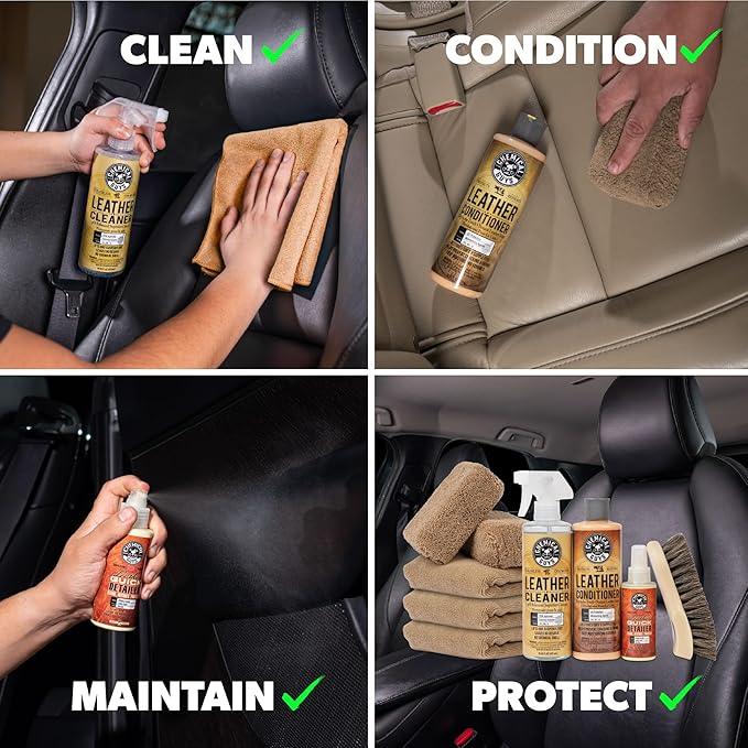 Chemical Guys Leather Cleaner and Conditioner Detailing Kit - Leather Care Kit For Natural, Synthetic, Faux, Pleather, and More for Car Interiors, Apparel, Furniture, Boots & Accessories - 9 Items - NeatNest