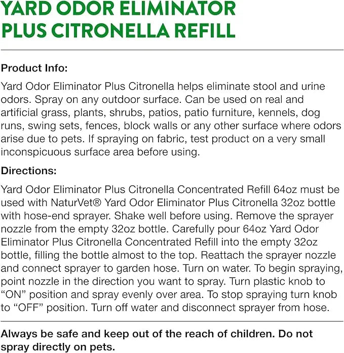 NaturVet – Yard Odor Eliminator Plus Citronella Spray – Eliminate Stool and Urine Odors from Lawn and Yard – Designed for Use on Grass, Patios, Gravel, Concrete & More – 64oz Refill (No Hose Nozzle) - NeatNest