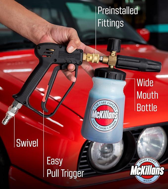 McKillans Pressure Washer Gun with Swivel & Foam Cannon Wide Mouth & M22-14mm Adapter - Adjustable Thick Foam - Power Washer Gun - 3/8" Male Plug & 1/4” Quick Connector Coupler - NeatNest