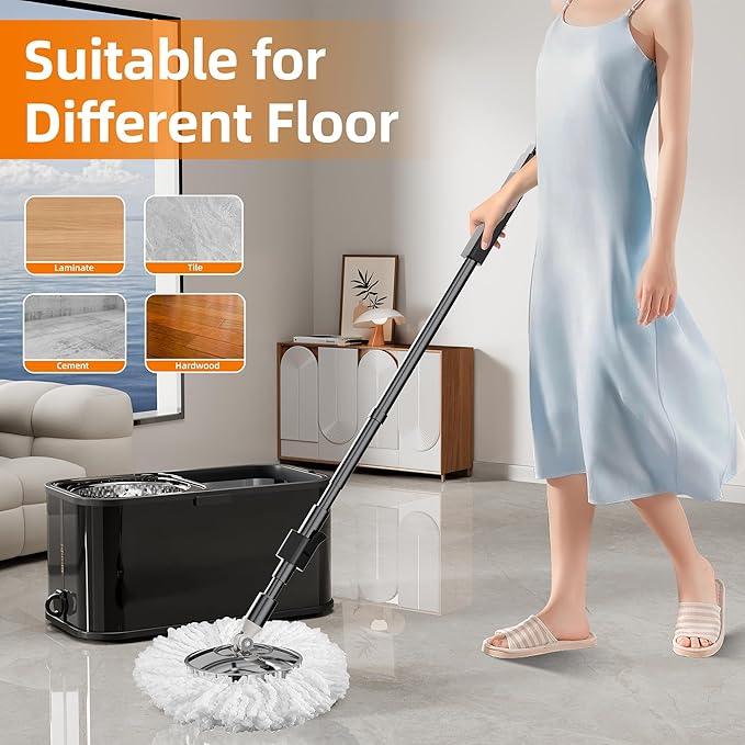 Spin Mop and Bucket with Wringer Set for Home,360° Mop and Bucket with Separate Clean and Dirty Water,Wet Dust Mop for Floor Cleaning with Extra Refills (Black) - NeatNest