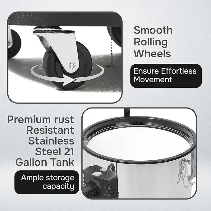 21 Gallon 8.5 Peak HP Wet/Dry Vacuum, Stainless Steel Tank, 2 in 1 Function Portable Shop Vacuum with Attachments, Built-in Drain Ideal for Jobsite, Garage & Workshop. - NeatNest