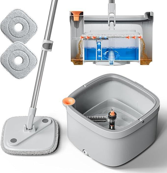 KZKR Spin Mop and Bucket Set with Self Separation Dirty and Clean Water System, Self Wringing 360° Rotating Square Mop Head for Home Floors Cleaning (1.0 Mop and Bucket Set (2 Pads)) - NeatNest