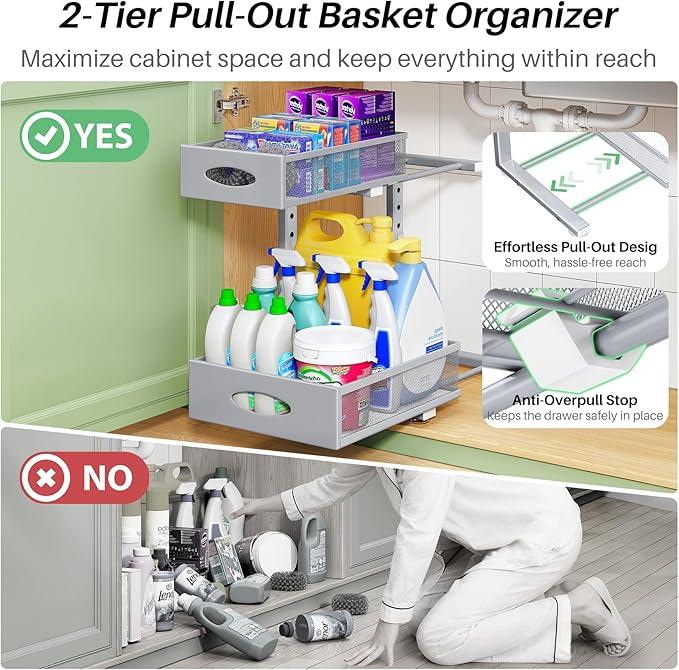 Under Sink Organizer, 2-Pack Pull Out Cabinet Organizer 2 Tier Metal Slide Out Storage Shelf Rack, L-Shaped Adjustable Height,Mesh Sliding Drawer for Kitchen, Bathroom, Laundry, Pantry, Grey, XL - NeatNest