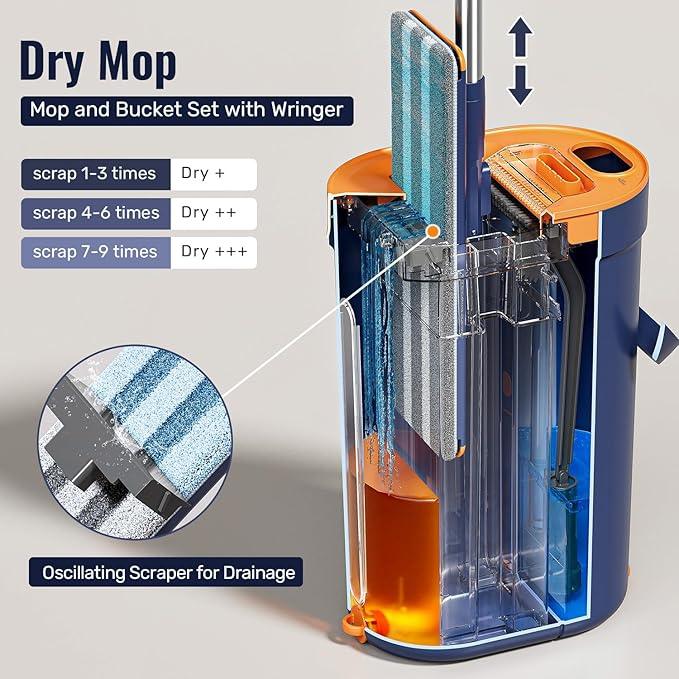 Mop and Bucket Set with Wringer, 3-Tank Flat Mop and Bucket System, Wall Mop Cleaner with Long Handle, Hands Free Mops for Floor Cleaning with 8 Microfiber Pads - NeatNest