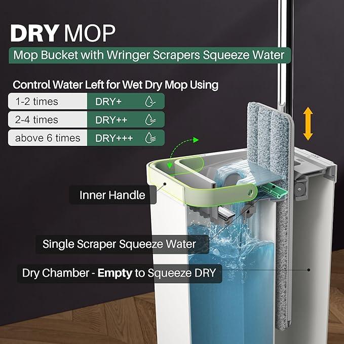JOYMOOP Mop and Bucket with Wringer Set, White Flat Squeeze Bucket Set for Floor Cleaning, Wet Dry Wall Cleaner with Long Handle, Hardwood Floor Mop-3 Microfiber Cloths - NeatNest