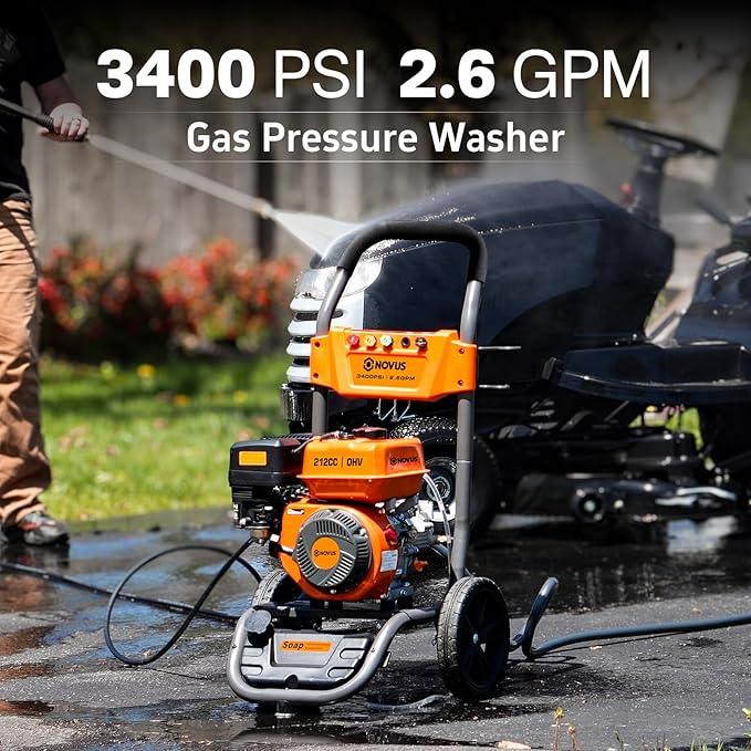 NOVUS Gas Pressure Washer 3400 PSI, 2.6 GPM Power Washer with 30FT Extra-Long Hose, 5 Nozzles, Onboard Soap Tank, 212CC Engine, Spray Gun and Wand, for Vehicles Driveways Patios Fences Furniture - NeatNest