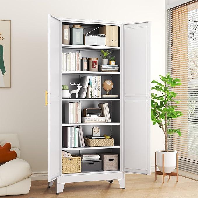 White Metal Storage Cabinet,75" Steel Cabinets for Home Office, Kitchen Pantry Storage Cabinet with Doors and 5 Adjustable Shelves, Tool Cabinets, for Office, Home, Garage, School - NeatNest