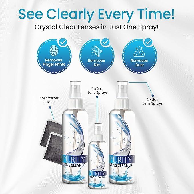 Purity Eyeglass Lens Cleaner Kit - 2 x 8oz and 1 x 2oz Lens Cleaner Spray Bottle + 2 Microfiber Cleaning Cloths - Safe for All Lenses (AR Coated Included), Eyeglasses and Screens - Clear - NeatNest