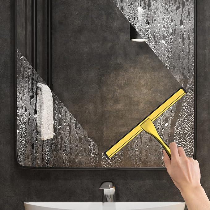 All-Purpose Stainless Steel Shower Squeegee for Shower Doors with 2 Adhesive Hooks, Bathroom Cleaner Tool Household Window Mirror Squeegee for Home Cleaning, Glass Door, Tile Wall, Car, 12 Inch Golden - NeatNest